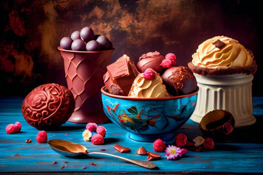 Chocolates background. Praline chocolate.  Generative AI.