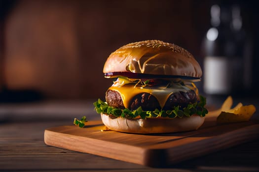 Cheesburger on wooden table.  Burgers on rustic wooden table.  Generative AI.
