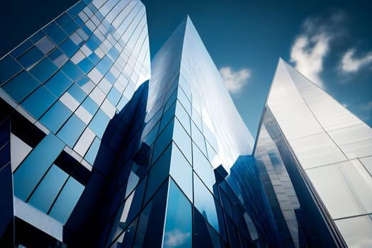 Glass building under blue sky and white clouds.  Generative AI.