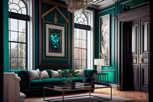 Grandiose Emerald Luxury Glass Interior Design. Generative AI