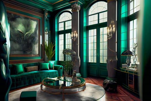 Grandiose Emerald Luxury Glass Interior Design. Generative AI