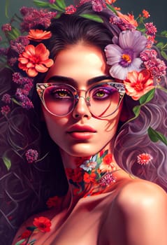 Illustration of a sunglasses girl.  Beauty flowers face of a woman.  Flowers in the head.  Generative AI.