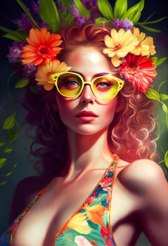 Illustration of a sunglasses girl.  Beauty flowers face of a woman.  Flowers in the head.  Generative AI.
