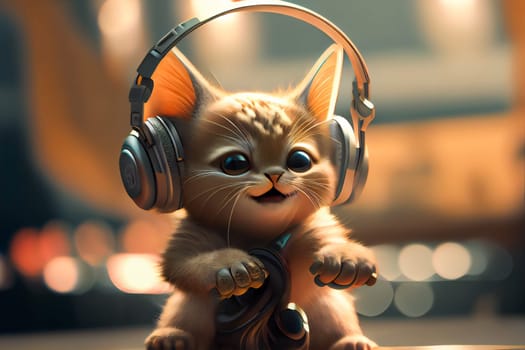 Kitten With Headphones.  Cute Cartoon Kitten.  Generative AI.