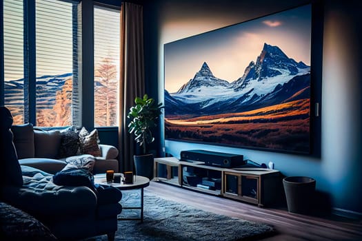 Living room with Big TV on the  wall in the room in a modern style. Elegant lixury living room with big tv screen.  Generative AI.