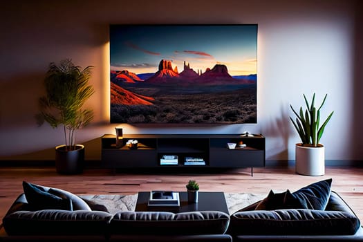 Living room with Big TV on the  wall in the room in a modern style. Elegant lixury living room with big tv screen.  Generative AI.