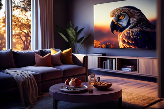 Living room with Big TV on the  wall in the room in a modern style. Elegant lixury living room with big tv screen.  Generative AI.