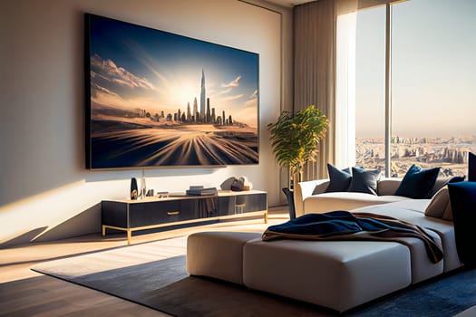 Living room with Big TV on the  wall in the room in a modern style. Elegant lixury living room with big tv screen.  Generative AI.