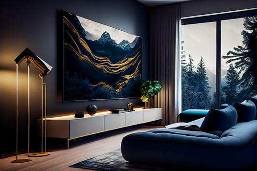 Living room with Big TV on the  wall in the room in a modern style. Elegant lixury living room with big tv screen.  Generative AI.