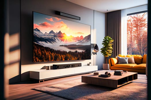 Living room with Big TV on the  wall in the room in a modern style. Elegant lixury living room with big tv screen.  Generative AI.
