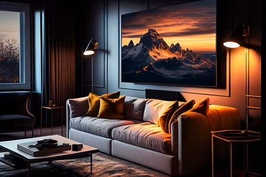 Living room with Big TV on the  wall in the room in a modern style. Elegant lixury living room with big tv screen.  Generative AI.
