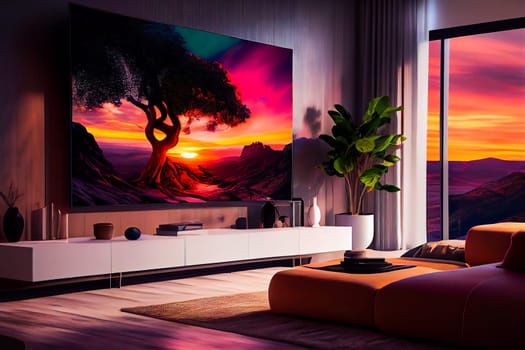 Living room with Big TV on the  wall in the room in a modern style. Elegant lixury living room with big tv screen.  Generative AI.