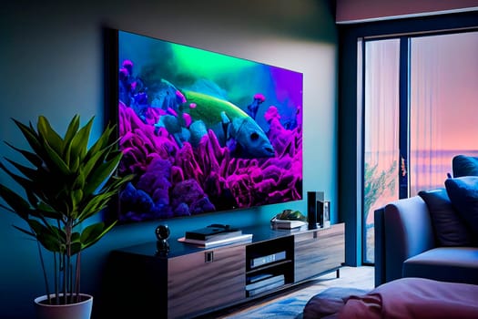 Living room with Big TV on the  wall in the room in a modern style. Elegant lixury living room with big tv screen.  Generative AI.
