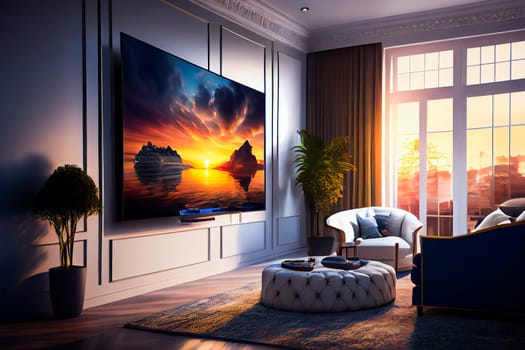 Living room with Big TV on the  wall in the room in a modern style. Elegant lixury living room with big tv screen.  Generative AI.