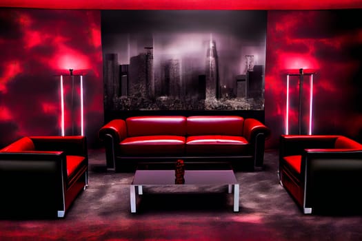 Red Interior of luxury nightclub, restaurant.  Lounge bar.  Generative AI.