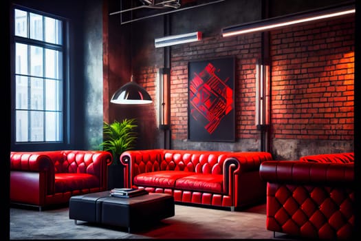 Red Interior of luxury nightclub, restaurant.  Lounge bar.  Generative AI.