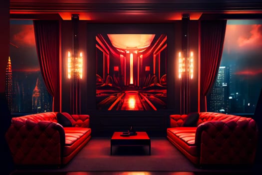 Red Interior of luxury nightclub, restaurant.  Lounge bar.  Generative AI.