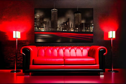 Red Interior of luxury nightclub, restaurant.  Lounge bar.  Generative AI.
