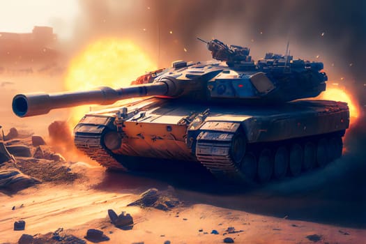 Shooting tank in war environment.  Military Tank on Battlefield.  Generative AI.