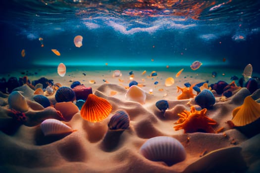 Close-Up Of Seashells Underwater.  Generative AI.