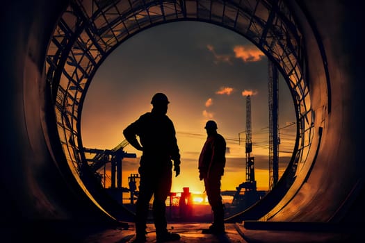 Silhouette of Engineer and worker  at building site background, construction site at sunset.  Generative AI.