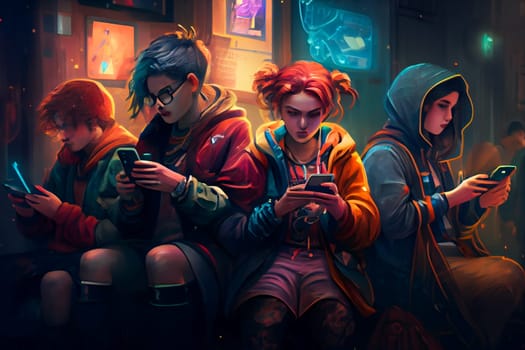 People All Focused on Their Smartphones.  Socializing Through Smartphones. Generative AI