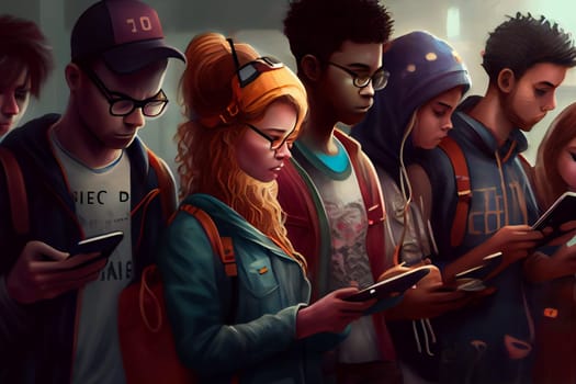 People All Focused on Their Smartphones.  Socializing Through Smartphones. Generative AI