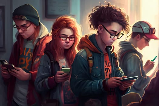 People All Focused on Their Smartphones.  Socializing Through Smartphones. Generative AI
