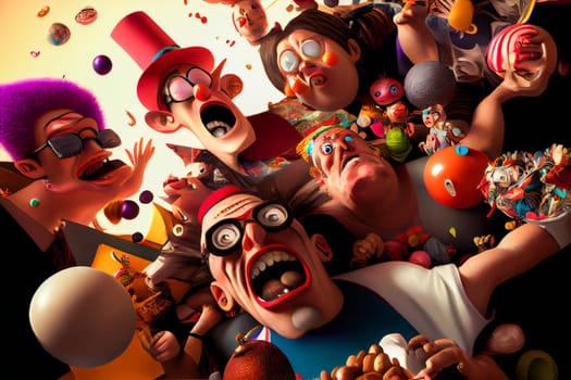 Bedlam of Wacky Individuals.  Psychotic Assembly of Wild Humans.  Crazy Peoples Cartoon Style: Generative AI
