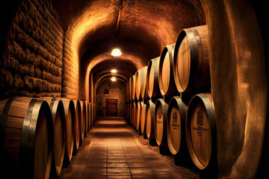 Wine cellar interior with large wooden barrels.  Generative AI.