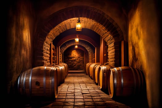 Wine cellar interior with large wooden barrels.  Generative AI.