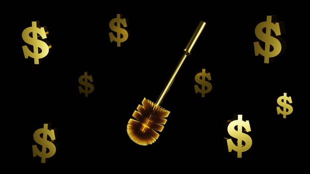 Gold toilet brush and dollar signs on a black background. Excessive luxury concept, 3D rendering