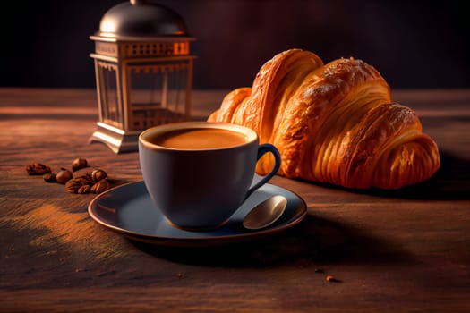 coffee on the table with croissant.  Generative AI.