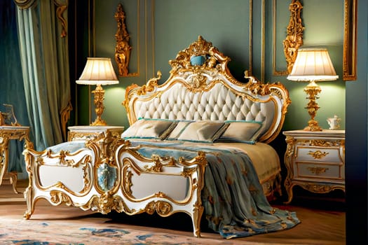 Elegant bedroom interior in baroque style.   Romantic bedroom.  Generative AI.
