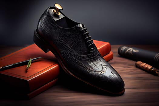 Men's black crocodile leather shoes.  Male black shoes.  Generative AI.