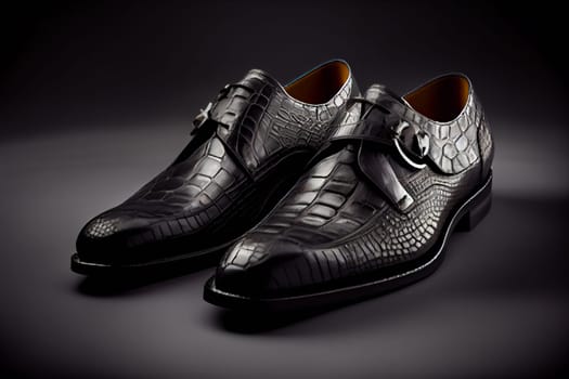 Men's black crocodile leather shoes.  Male black shoes.  Generative AI.