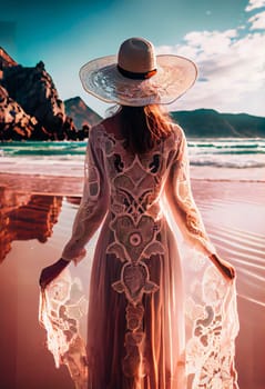Illustration of Young woman wearing white dress and hat standing on the beach.  elegant woman in white dress.  Generative AI.