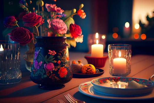 Elegant table set for a romantic dinner.  Generative AI.