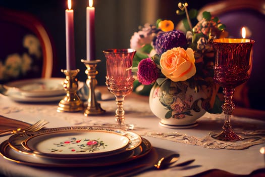 Elegant table set for a romantic dinner.  Generative AI.