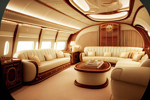 Luxury interior in the modern business jet.  Generative AI.