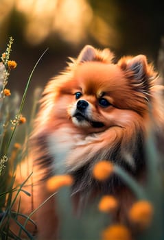 Portrait of cute pomeranian dog.  Generative AI.
