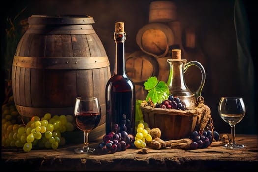 wine bottle and wine glass on wodden barrel.  Generative AI.