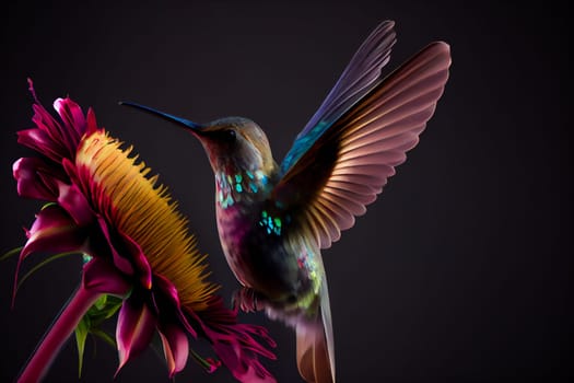 Hummingbird sitting on the flower. Generative AI.