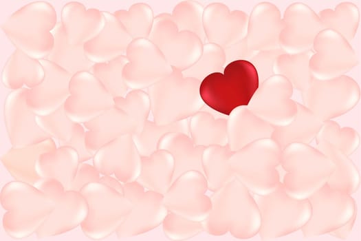 Background of many pink and one red hearts. Universal holiday background. Vector image.