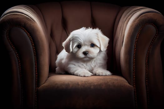 Cute Maltese Dog Enjoying Time on Comfortable Sofa. Generative AI