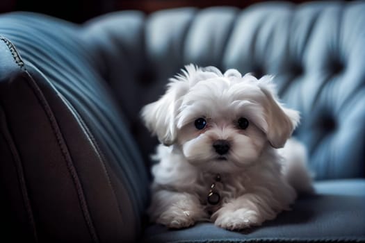Cute Maltese Dog Enjoying Time on Comfortable Sofa. Generative AI