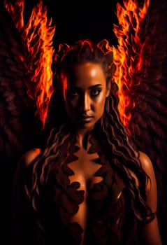 Devil Woman. Ghost standing in flames.  Generative AI.