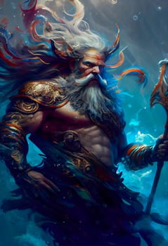 Digital Art of Poseidon, Ancient Greek God of the Sea. Generative AI