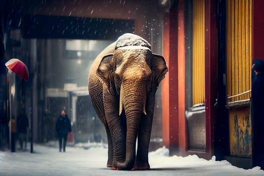 Elephant walking in snowy city.  Generative AI.