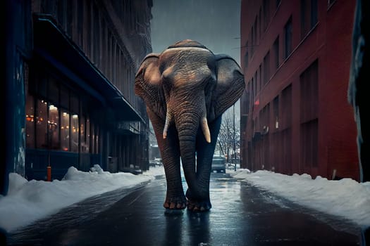 Elephant walking in snowy city.  Generative AI.